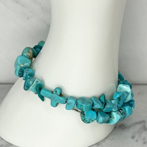 Faux Turquoise Cross Beaded Silver Tone Wire Wrap Bracelet - Picture 1 of 7